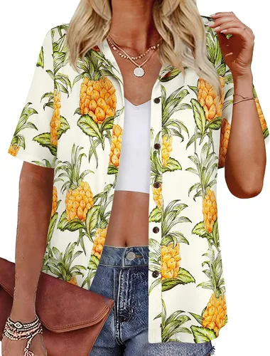 Vista 6 de LILYCHIC Camisas hawaianas de verano con botones de coco para mujer, camisas suaves con botones de manga corta A-hoja floral negra