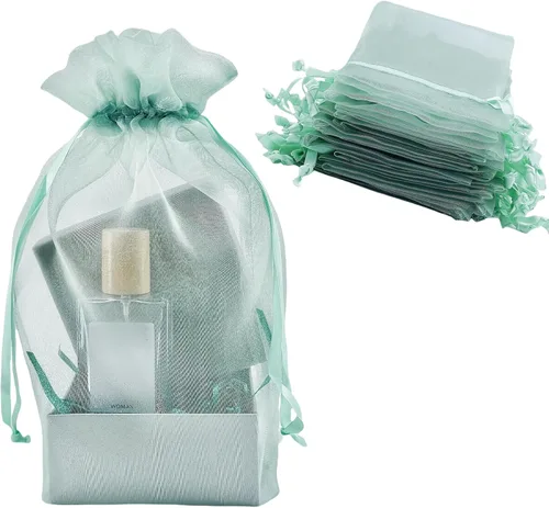 Vista 17 de QIANF 20 bolsas de regalo de organza azul transparente de 4 x 6 pulgadas con cordón, bolsas de recuerdo de fiesta de boda