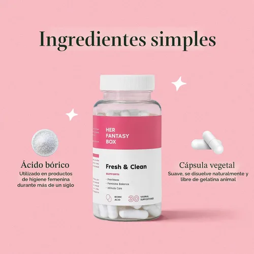 Vista 4 de Her Fantasy Box Supositorios Vaginales Fresh & Clean pH-Restore – Ácido Bórico para el Equilibrio del pH, Control de Olores y Comodidad – 30