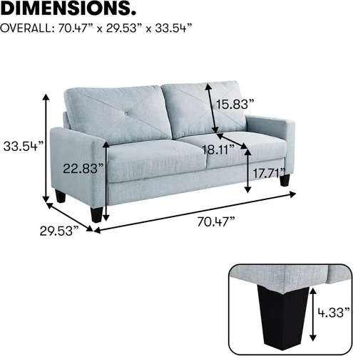 Vista 2 de Serta Lindbergh Sofá de transición moderno de 70.5 pulgadas, cojín de respaldo copetudo, brazos cuadrados, patas de madera maciza, Dream Coil