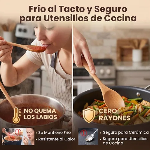 Vista 4 de HAKSEN Cucharas de madera, 6 cucharas de sopa de madera de 9 pulgadas para comer, mezclar, agitar, cuchara de mango largo para estilo japonés