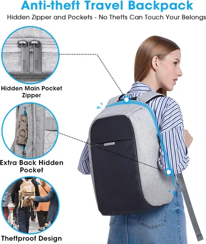 Vista 2 de Mochila de viaje antirrobo portátil, mochila para laptop con puerto de carga USB., Negro