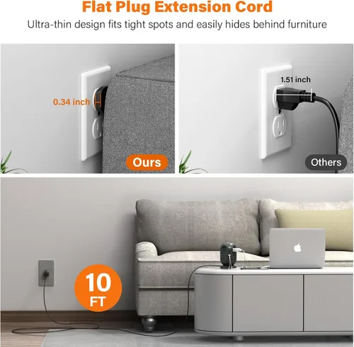 Vista 3 de AiJoy Torre de regleta de protección contra sobretensiones con 8 tomas, 4 puertos USB (1 USB-C), cable de extensión plano de 10 pies con múltiples