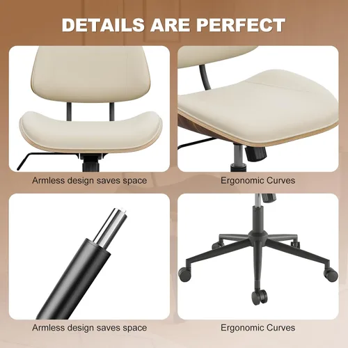 Vista 4 de Silla de Oficina sin Brazos con Ruedas, Silla de Escritorio de Cuero PU de Altura Ajustable - Silla de Computadora Ergonómica Giratoria de 360°