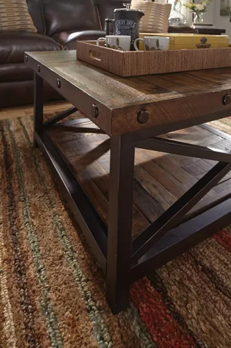 Vista 4 de Flexsteel Mesa de centro industrial rústica, mesa cuadrada de madera de acacia maciza con estante de almacenamiento, muebles de sala de estar