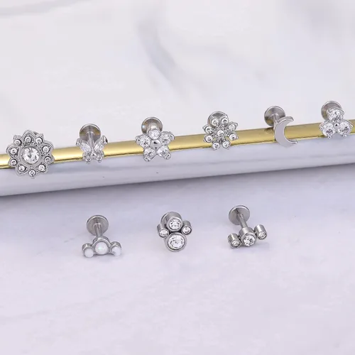 Vista 6 de Florideco 9 anillos de labios de acero inoxidable de 16 G, aretes de labret Monroe, anillo de labio de circonita cúbica, ópalo de nariz, aretes