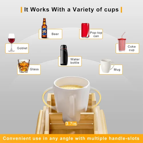 Vista 5 de Bestjing Bandeja para Brazo de Sofá de Bambú - Bandeja para Brazo de Sofá con Soporte para Tazas Desmontable - Caddy de Brazo de Sillón Plegable