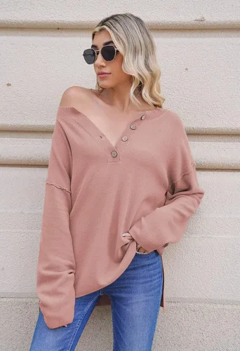 Vista 6 de Pink Queen Suéter de punto con cuello en V para mujer, de gran tamaño, manga larga tipo murciélago, estilo Henley