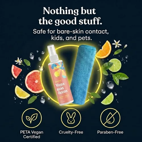 Vista 3 de Limpiador de colchoneta para yoga 100% natural y orgánico, SEGURO PARA TODAS LAS COLCHONETAS, no deja residuos pegajosos o viscosos, limpia