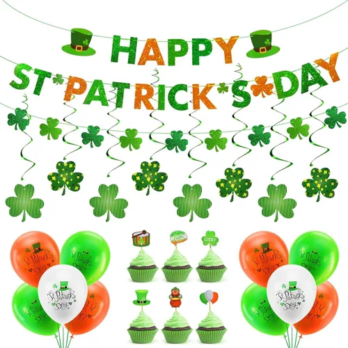 Vista 4 de AhfuLife Decoraciones del día de San Patricio, 60 piezas de decoraciones colgantes de trébol, guirnalda de trébol verde para suministros de fiesta