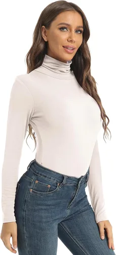 Vista 4 de Camisetas casuales de cuello alto de manga larga para mujer, ajustadas, ligeras, de capa base