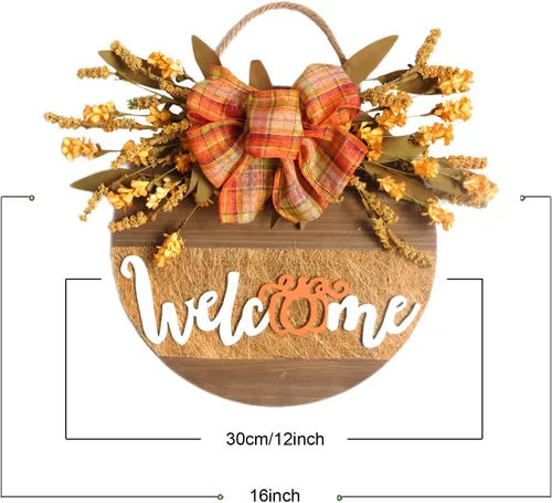Vista 3 de Letrero de bienvenida para decoración de puerta delantera, coronas de otoño, decoraciones de otoño para el hogar, corona de granja para puerta