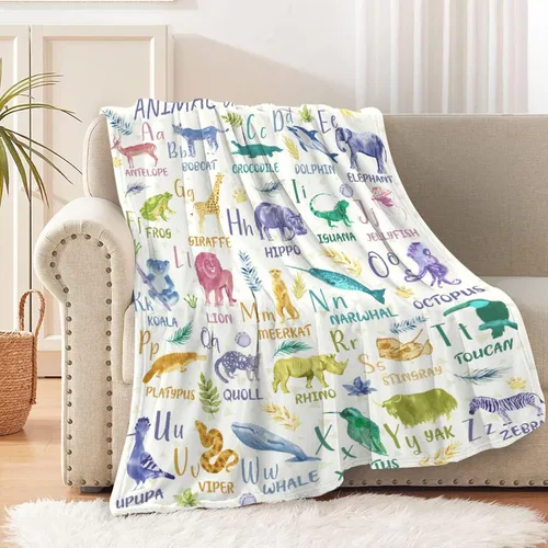 Vista 26 de Manta de franela con diseño del alfabeto de animales, súper suave, ligera, para niños, adultos, adecuada para sofá, cama, campamento, viajes, todas