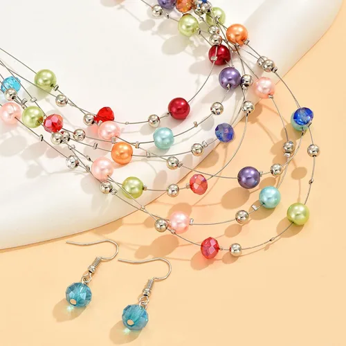 Vista 4 de YANCHUN Gargantilla de perlas para mujer, collar largo de perlas y aretes para mujer, rojo, negro, morado, blanco, rosa, collar de perlas gruesas