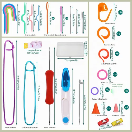 Vista 2 de JUPEAN Accesorios completos para tejer, kit de suministros para tejer con marcadores de puntada, agujas de coser de plástico, agujas de cable