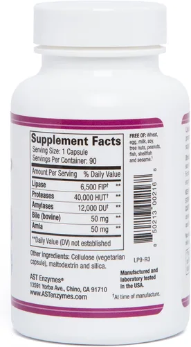 Vista 3 de AST Enzymes Lipase-HP Plus - 90 cápsulas vegetarianas - Enzimas digestivas para alimentos grasos - Fórmula de enzimas digestivas de dieta cetogénica