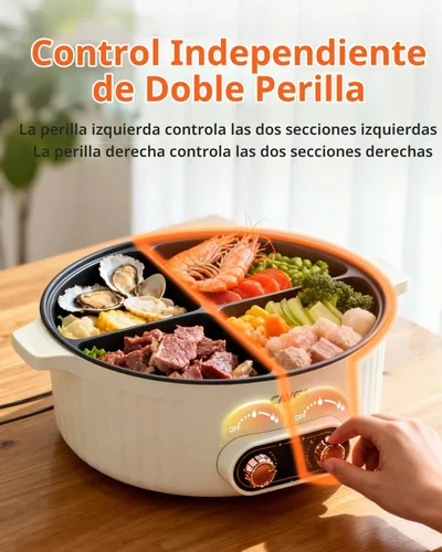 Vista 2 de Olla eléctrica con divisor, olla de 4 compartimentos, olla Shabu Shabu Shabu eléctrica de 2000 W con antiadherente, ollas calientes de 5 cuartos