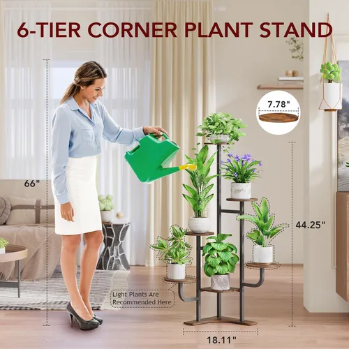 Vista 7 de Homsorout Soporte de esquina para plantas con luz de crecimiento, soporte para plantas de 6 niveles, estante redondo de metal para plantas con luz