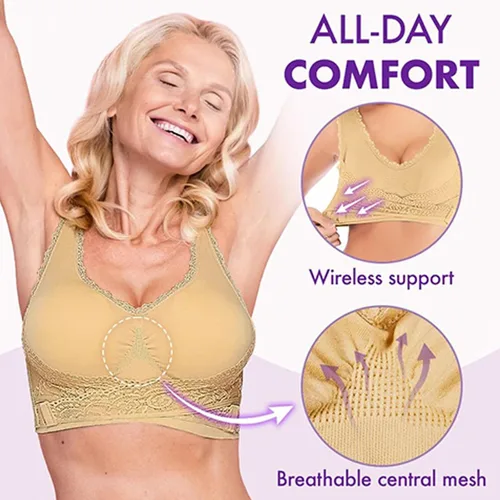 Vista 2 de Zuqox - Brasier de encaje con hebilla lateral cruzada frontal para mujeres mayores con almohadilla extraíble