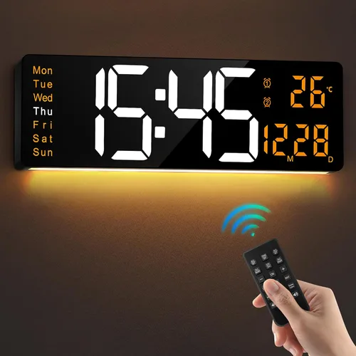 Vista 8 de LEIKE Reloj de pared digital grande de 16 pulgadas, control remoto, 2 alarmas, pantalla LED, DST automático, temperatura, reloj de luz nocturna