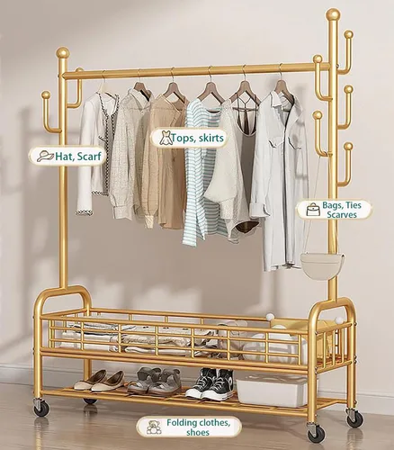 Vista 6 de Perchero de pie con ruedas, resistente para almacenamiento, dorado, para colgar ropa, zapatos, bolsas, bufandas, corbatas, ideal para oficinas