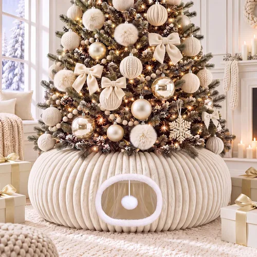 Vista 13 de Túnel de árbol de Navidad para gatos de 36 pulgadas, cama de dona, blanco