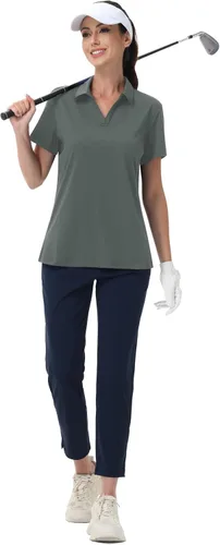 Vista 6 de MAGCOMSEN Camisas de golf para mujer, manga corta, cuello polo, cuello en V, secado rápido, protección solar UPF 50+