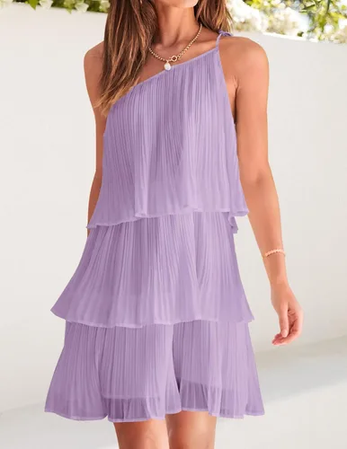 Vista 6 de ZESICA Vestido corto bohemio de verano para mujer, con un hombro, sin mangas, con volantes, escalonado, de gasa, plisado, acampanado, para mujer