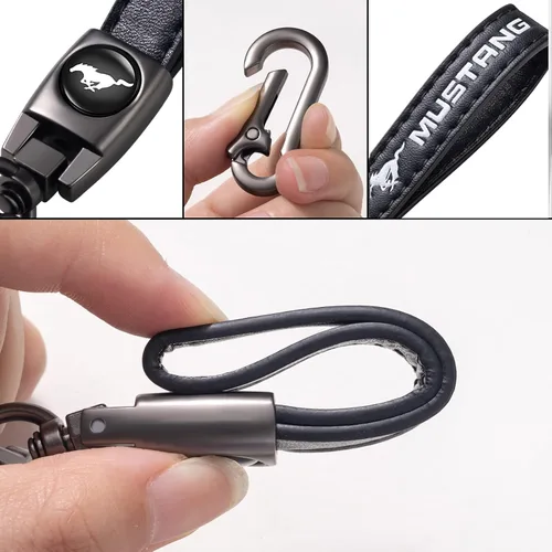 Vista 4 de Llavero de cuero genuino para automóvil compatible con Ford Mustang, accesorios para llavero familiar, regalo familiar para hombre y mujer