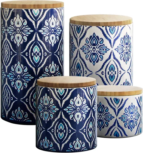 Vista 4 de American Atelier Juego de recipientes Arabesque de cerámica, azul, 4 piezas