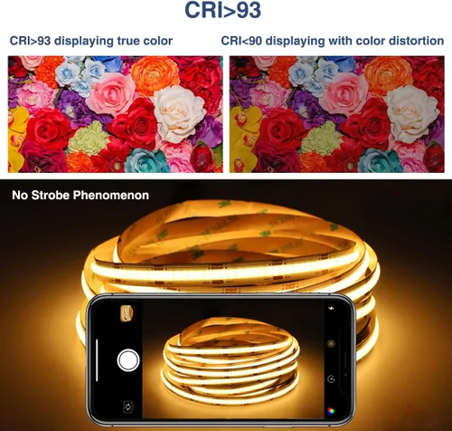 Vista 3 de COB - Tira de luz LED blanca regulable de 16.4 pies, 24 V, 2700 K-6500 K, cinta de tira de luz COB con control remoto RF 3200 LED CRI93+