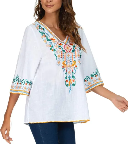 Vista 4 de YZXDORWJ Blusa campesina mexicana bordada con cuello en V para mujer