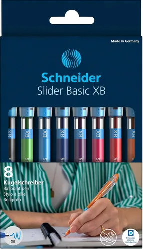Vista 5 de Schneider Slider Basic XB (Extra Broad) - Bolígrafo de punta redonda, 1.4 mm, barril transparente, colores de tinta surtidos, paquete de 8