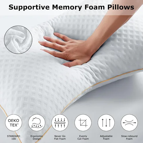 Vista 3 de Juego de 2 almohadas para dormir de lado, tamaño Queen, para dolor de cuello y hombros, almohadas ajustables de espuma viscoelástica para dormir