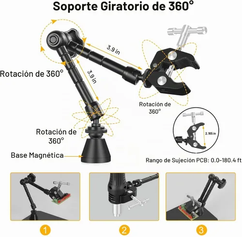 Vista 3 de Helping Hands - Soporte magnético para placa de circuito de soldadura, herramientas de tercera mano con lámpara de aumento LED 3X, soporte