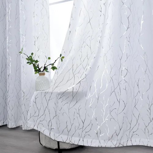 Vista 13 de Kotile Cortinas traslúcidas de rama de árbol – Cortinas traslúcidas grises con estampado de rama de árbol en lámina dorada metálica de 63 pulgadas