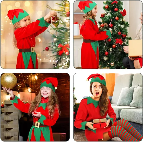 Vista 5 de Conjunto de disfraz de elfo de Navidad para mujeres y niñas, incluye sombrero de elfo, vestido de Papá Noel, medias a rayas, cinturones para adultos