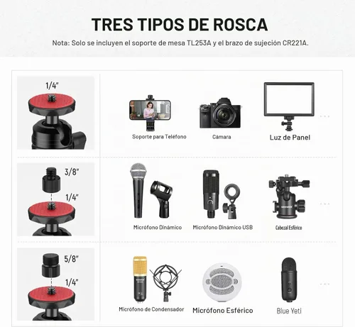 Vista 4 de NEEWER Soporte de escritorio para cámara con brazo de montaje C Amera superior y cabezal de bola de 1/4 pulgadas, soporte de luz de mesa ajustable