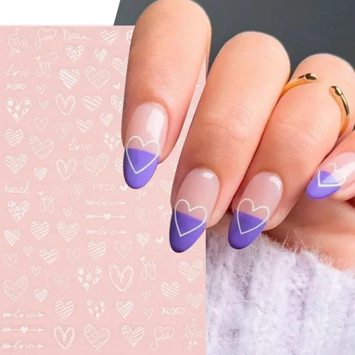 Vista 2 de Calcomanías de arte de uñas de corazón de San Valentín, calcomanías de uñas blancas para el día de San Valentín, calcomanías de uñas autoadhesivas