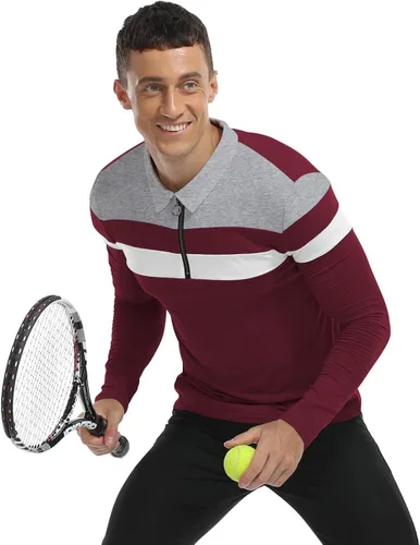 Vista 6 de YTD Polo de manga larga para hombre con cremallera de un cuarto casual ajustado cuello de solapa camisas de algodón de diseño básico