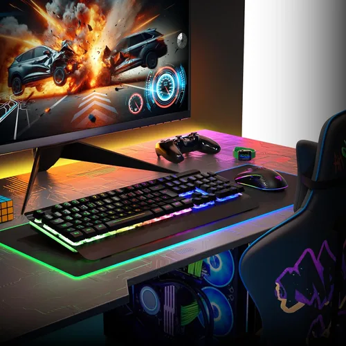Vista 8 de RisoPhy Combo de teclado y mouse inalámbricos para juegos, panel de metal, retroiluminación de 7 colores, batería recargable de 3200 mAh