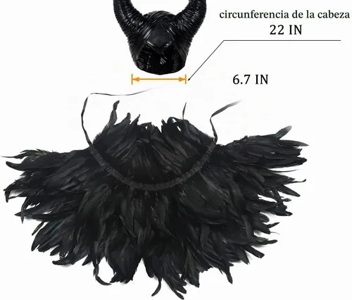 Vista 2 de UQJE Juego de chal de plumas góticas negras y tocado de cuerno para mujer, accesorios de disfraz de bruja de Halloween