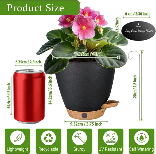 Vista 5 de Macetas de riego automático de 6 pulgadas para plantas de interior (paquete de 5) – Pequeñas macetas de plástico con ventana de nivel de agua