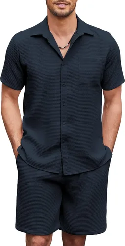 Vista 2 de COOFANDY Conjunto de 2 piezas para hombre camisa casual de manga corta y conjunto de playa corto de verano