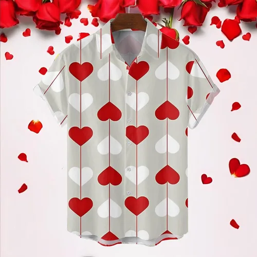 Vista 3 de Male Single Breasted Shirts Casual Lapel Valentine's Day Print Short Sleeve Shirts Custom Work Shirts Men