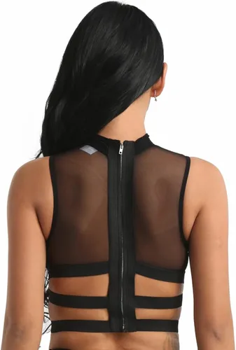 Vista 5 de JEATHA Camiseta corta de malla transparente para mujer, sin mangas, cuello alto, blusa