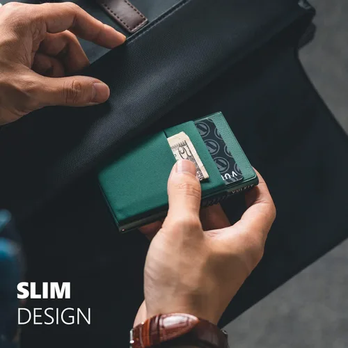 Vista 28 de VULKIT Billetera minimalista con ventana de identificación y bolsillo EDC con bolsillo desplegable para tarjetas de crédito y bloqueo RFID, diseño