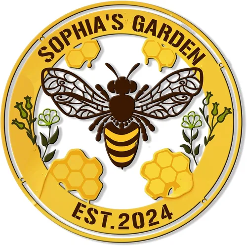 Vista 14 de Letrero de metal personalizado de abeja, cartel colgante de abeja de miel, porche de bienvenida al aire libre, valla de pared con nombre