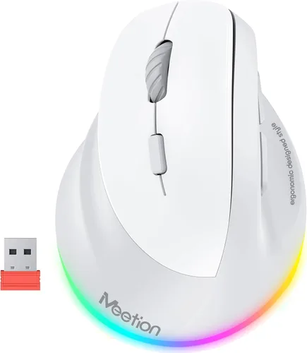 Vista 8 de MEETION Ratón ergonómico para zurdos, ratón inalámbrico vertical RGB recargable, Bluetooth (5.2 + 3.0) y USB-A con adaptador USB-C, 4 DPI