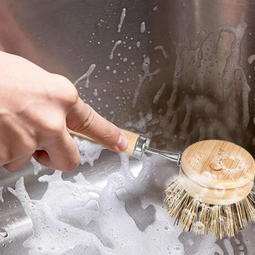 Vista 6 de Limpiador de platos de bambú con mango – Cepillo de cerdas duras de cerdas naturales, cepillo de cocina sostenible y biodegradable para platos